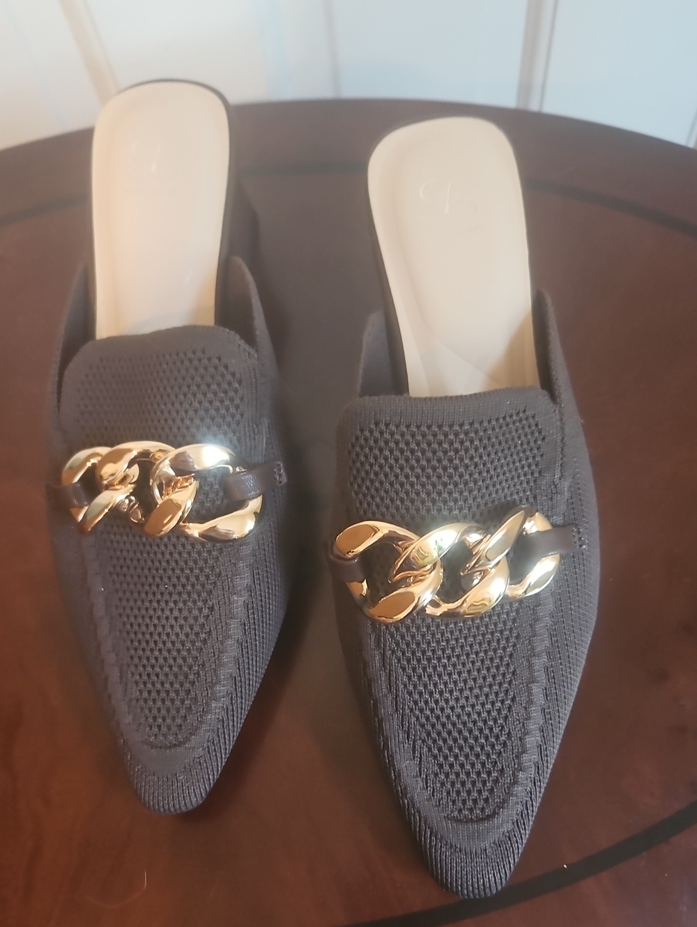 COSY Island Women’s Brown Pointed Toe Heeled Mules with Gold Chain Accent. New